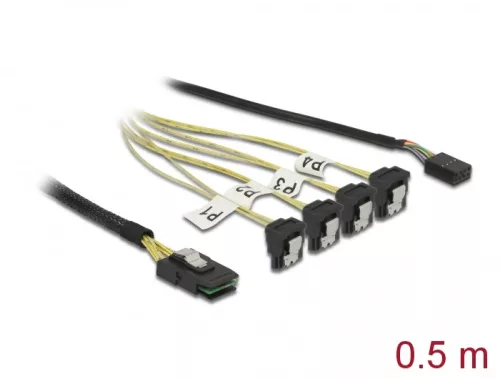 Delock Kábel Mini SAS SFF-8087 >4 x SATA 7 érintkezős hüvely 90 fokban ívelt + oldalsáv, 0,5 m (DL-85683)