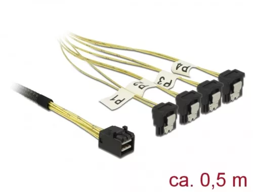Delock Kábel Mini SAS HD SFF-8643 > 4 x SATA 7 Pin, ívelt, 0,5 m (DL-85684)
