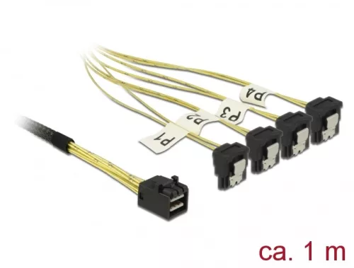 Delock Kábel Mini SAS HD SFF-8643 >4 x SATA 7 érintkezős hüvely 90 fokban ívelt 1 m (DL-85685)