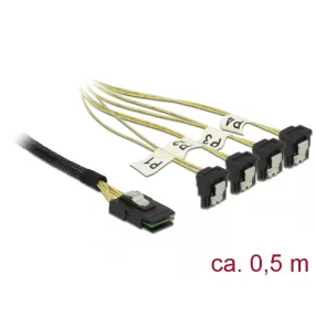   Delock Kábel Mini SAS SFF-8087 >4 x SATA 7 érintkezős hüvely 90 fokban ívelt 0,5 m (DL-85686)