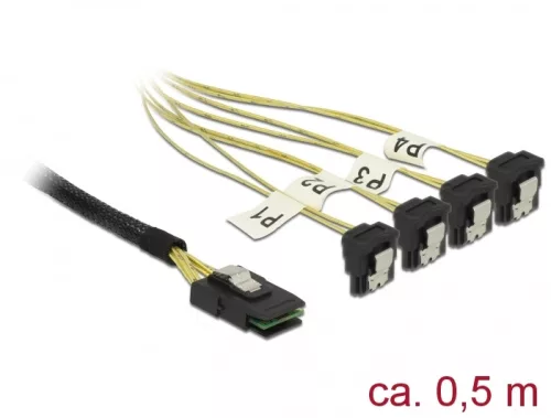 Delock Kábel Mini SAS SFF-8087 >4 x SATA 7 érintkezős hüvely 90 fokban ívelt 0,5 m (DL-85686)