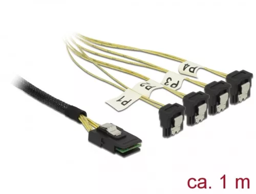 Delock Kábel Mini SAS SFF-8087 >4 x SATA 7 érintkezős hüvely 90 fokban ívelt 1 m (DL-85687)
