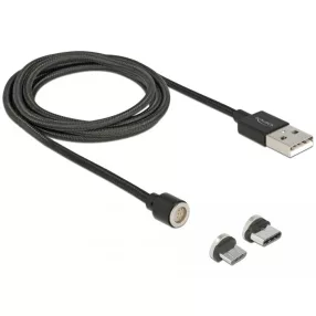   Delock Mágneses USB adat- és töltokábel készlet Micro USB vagy USB Type-C-hez, fekete 1,1 m (DL-85723)