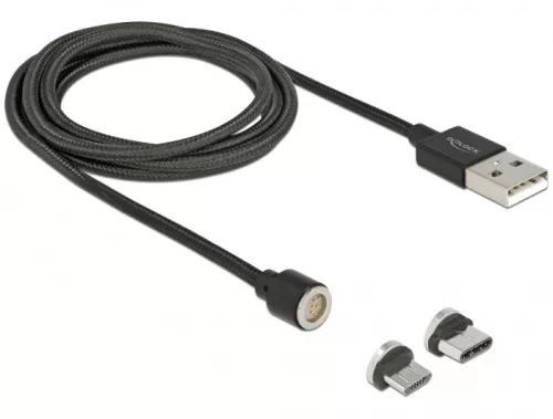 Delock Mágneses USB adat- és töltokábel készlet Micro USB vagy USB Type-C-hez, fekete 1,1 m (DL-85723)