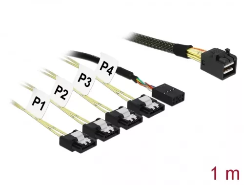 Delock Kabel Mini SAS HD SFF-8643 > 4 x SATA 7 Pin + Sideband 1 m Metall (DL-85732)