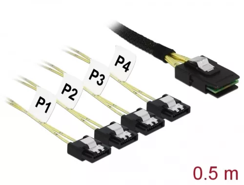 Delock Kábel Mini SAS SFF-8087 > 4 x 7 tűs SATA 0,5 m fém (DL-85800)