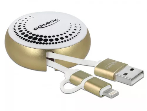 Delock USB 2.0 2 az 1-ben behúzható kábel A-típusú   Micro-B és Lightning  fehér / arany (DL-85820)