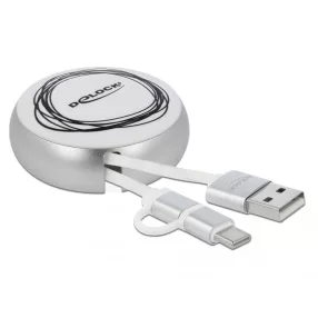   Delock USB 2.0 2 az 1-ben behúzható kábel A-típusú   Micro-B és USB-C  fehér / ezüst (DL-85821)