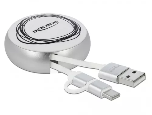 Delock USB 2.0 2 az 1-ben behúzható kábel A-típusú   Micro-B és USB-C  fehér / ezüst (DL-85821)