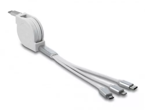 Delock 3 az 1-ben visszahúzható fehér USB Type-C  töltőkábel Lightning  / Micro-USB- / USB Type-C  végződéssel (DL-85844)