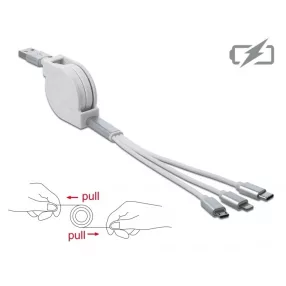   Delock 3 az 1-ben visszahúzható fehér USB töltokábel 8 tus- / Micro-USB- / USB Type-C  végzodéssel (DL-85850)
