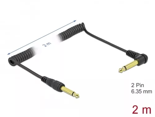 Delock Hajlított csavartkábel 6,35 mm 2 tűs mono jack apa - mono jack apa 2 m, fekete (DL-85939)