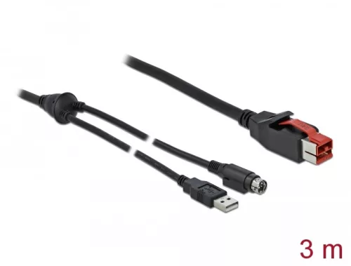 Delock PoweredUSB kábel apa 24 V > A-típusú USB apa + Mini-DIN 3 tűs apa 3 m, POS nyomtatókhoz és cs (DL-85942)