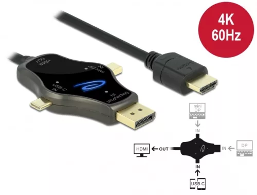 Delock 3 az 1-ben, 4K 60 Hz-s képernyő kábel USB-C , DisplayPort és mini DisplayPort bemenettel, val (DL-85974)