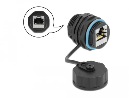 Delock Kábelcsatlakozó, RJ45 aljzat - RJ45 aljzat, Cat.6A, vízálló védősapkával (DL-86695)