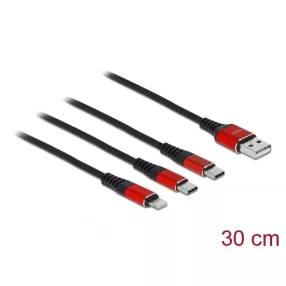   Delock 30 cm hosszú, USB töltő kábel 3 az 1 A-típusú apa Lightning -, es 2 x USB Type-C  csatlakozás (DL-86708)
