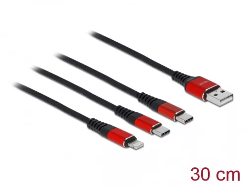 Delock 30 cm hosszú, USB töltő kábel 3 az 1 A-típusú apa Lightning -, es 2 x USB Type-C  csatlakozás (DL-86708)