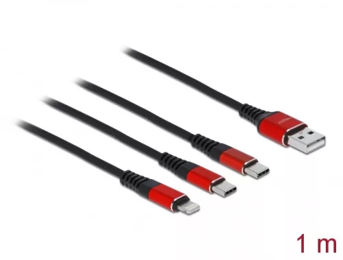 Delock 1 m hosszú, USB töltő kábel 3 az 1 A-típusú apa Lightning -, es 2 x USB Type-C  csatlakozásho (DL-86709)