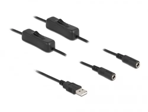 Delock A-típusú USB apa   2 db. DC 5,5 x 2,1 mm anya csatlakozójú, 1 méter hosszú kábel (DL-86797)