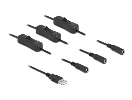 Delock A-típusú USB apa   3 db. DC 5,5 x 2,1 mm anya csatlakozójú, 1 méter hosszú kábel (DL-86798)