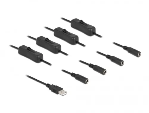 Delock A-típusú USB apa   4 db. DC 5,5 x 2,1 mm anya csatlakozójú, 1 méter hosszú kábel (DL-86799)