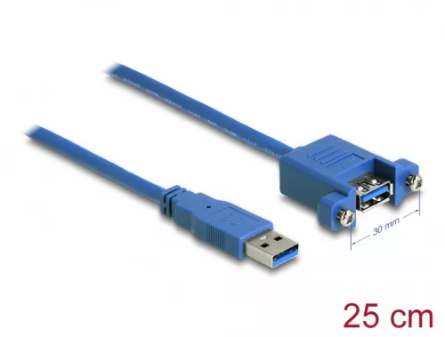 Delock Kábel, USB 3.0-s A típusú bementi csatlakozós > USB 3.0-s A-típusú csatlakozóhüvely, panelrögzítés, 25 cm (DL-86994)