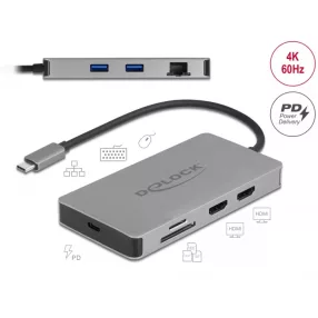   Delock USB Type-C  dokkolóállomás 4K - hoz kettős HDMI MST / USB 3.2 / SD / LAN / PD 3.0 (DL-87004)