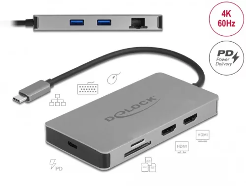 Delock USB Type-C  dokkolóállomás 4K - hoz kettős HDMI MST / USB 3.2 / SD / LAN / PD 3.0 (DL-87004)