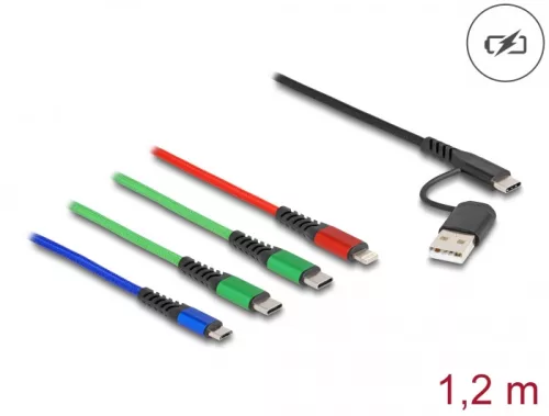 Delock 1,20 m hosszú, USB töltő kábel 4 az 1 A-típusú USB + USB-C apa Lightning-, Micro USB- és 2 x USB Type-C csatlakozáshoz (DL-87035)