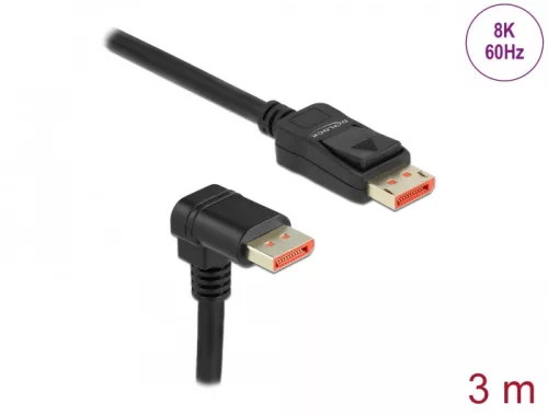 Delock DisplayPort kábel egyenes csatlakozódugóval - csatlakozódugóval 90  ívelt lefelé 8K 60 Hz 3 m (DL-87052)
