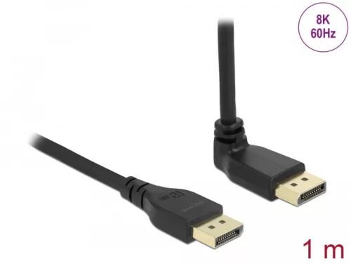 Delock DisplayPort kábel egyenes csatlakozódugóval - csatlakozódugóval 90  ívelt felfelé 8K 60 Hz 1 m retesz nélküli (DL-87143)