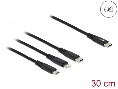 Delock 30 cm hosszú, USB töltő kábel 3 az 1 USB Type-C  apa Lightning -, Micro USB- és USB Type-C  c (DL-87148)