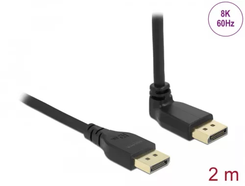 Delock DisplayPort kábel egyenes csatlakozódugóval - csatlakozódugóval 90  ívelt felfelé 8K 60 Hz 2 m retesz nélküli (DL-87150)