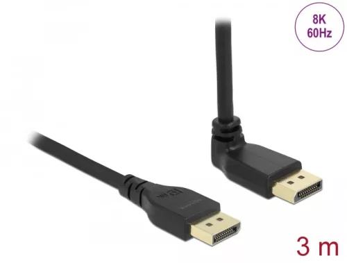 Delock DisplayPort kábel egyenes csatlakozódugóval - csatlakozódugóval 90  ívelt felfelé 8K 60 Hz 3 m retesz nélküli (DL-87151)