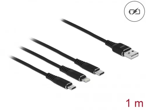 Delock 1 m hosszú, USB töltő kábel 3 az 1-ben Lightning -, Micro USB- és USB Type-C  csatlakozáshoz, (DL-87155)