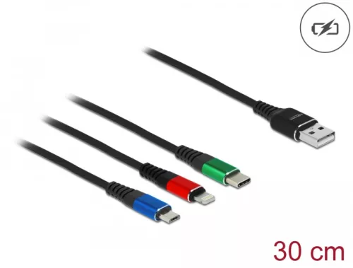 Delock 30 cm hosszú, USB töltő kábel 3 az 1-ben Lightning -, Micro USB- és USB Type-C  csatlakozásho (DL-87236)