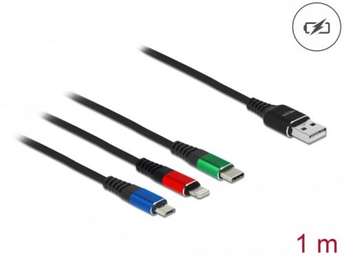 Delock 1 m hosszú, USB töltő kábel 3 az 1-ben Lightning -, Micro USB- és USB Type-C  csatlakozáshoz