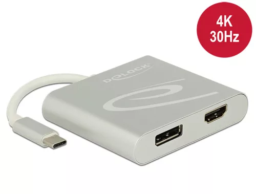 Delock Elosztó USB Type-C  csatlakozóval (DP alternatív mód támogatás) > 1 db HDMI + 1 db Displaypor (DL-87716)