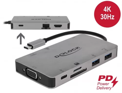 Delock USB Type-C dokkolóállomás 4K - HDMI / VGA / USB 3.1 / SD / LAN / PD 3.0 (DL-87735)