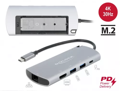 Delock USB Type-C  dokkoló állomás M.2 nyílással - 4K HDMI / USB / LAN / PD 3.0 (DL-87767)