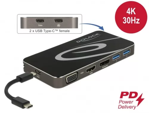 Delock USB Type-C  3.2 dokkolóállomás 4K HDMI DP / 1080p VGA, USB Hub és PD 3.0 (DL-87773)