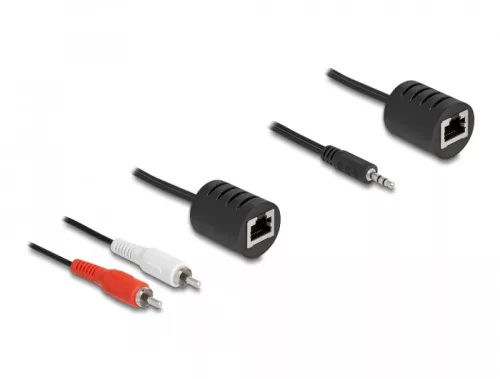 Delock Sztereo Audio bővítő RJ45 anya   3,5 mm sztereo jack apa és RJ45 anya - 2 db. RCA apa Cat.5 akár 50 m 2 db-os szett (DL-87859)