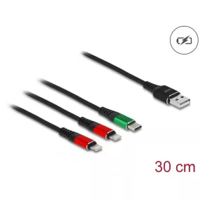   Delock 30 cm hosszú, USB töltő kábel 3 az 1 A-típusú apa 2 x Lightning -, es USB Type-C  csatlakozáshoz (DL-87881)