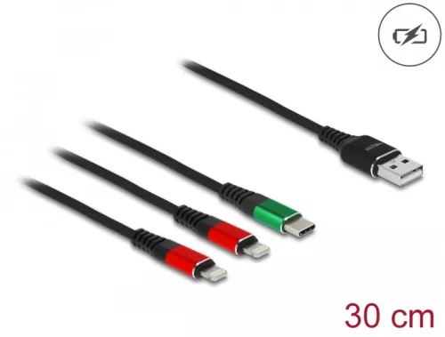 Delock 30 cm hosszú, USB töltő kábel 3 az 1 A-típusú apa 2 x Lightning -, es USB Type-C  csatlakozáshoz (DL-87881)