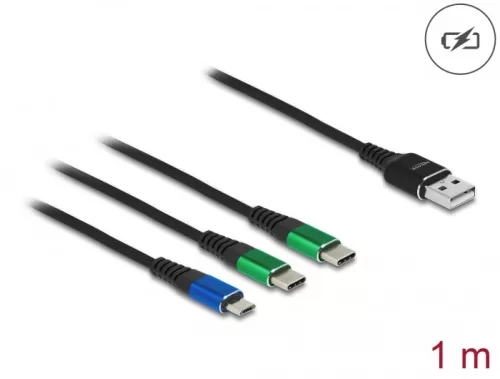 Delock 1 m hosszú, USB töltő kábel 3 az 1 A-típusú apa Micro USB -, es 2 x USB Type-C  csatlakozáshoz (DL-87882)