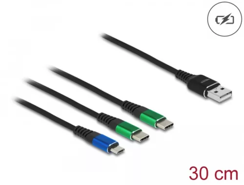 Delock 30 cm hosszú, USB töltő kábel 3 az 1 A-típusú apa Micro USB -, es 2 x USB Type-C  csatlakozáshoz (DL-87883)
