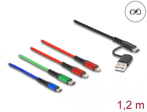 Delock 1,20 m hosszú, USB töltő kábel 4 az 1 A-típusú USB + USB-C apa 2 x Lightning-, Micro USB- és USB Type-C csatlakozáshoz (DL-87884)