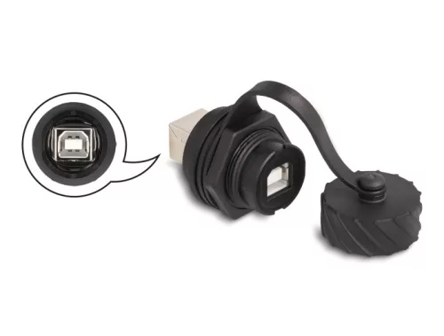 Delock USB 2.0 B-típusú kábel csatlakoztató anya   anya installálásra IP68 por és víz elleni védő bajonettzá kalappal fekete (DL-88004)