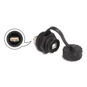  Delock Kábel csatlakoztató USB 2.0 B-típusú anya   USB 2.0 A-típusú anya installálásra IP68 por és víz elleni védő bajonettzá kalappal fekete (DL-88010)
