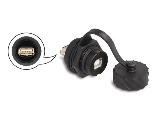 Delock Kábel csatlakoztató USB 2.0 B-típusú anya   USB 2.0 A-típusú anya installálásra IP68 por és víz elleni védő bajonettzá kalappal fekete (DL-88010)